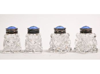 Two Sets Of Cut Glass Salt & Pepper Shakers With Sterling Guilloche Enamel Lids