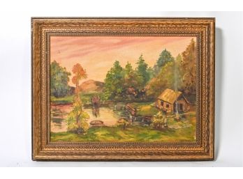 Signed Rustic Cabin Scene Painting