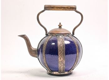 Blue Glazed Pottery Tea Pot With Copper Handle