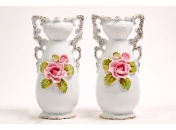 Pair Of Lefton Porcelain Rosette Stem Vases