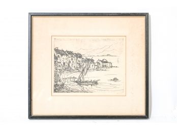 Signed Pen & Ink Drawing Of A Harbor Village