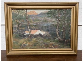 Antique Signed Oil On Canvas Lake Scene Painting