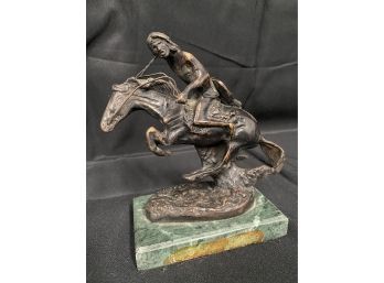 Vintage Bronze Sculpture Of Native American In Horseback  - Signed -