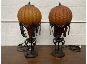 Amazing Pair Of Metal & Glass Hot Air Balloon Lamps