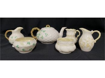 Group Of Vintage Irish Belleek  Creamers , Sugars And Teapot