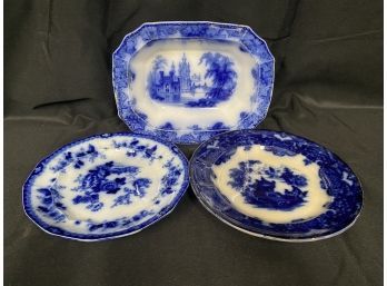 Group Of 3 Pieces Of Antique Flow Blue China