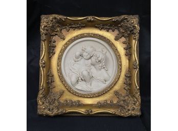 Fantastic Antique Marble Plaque Mounted In Ornate Wood Frame