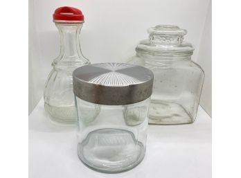 Two Covered Glass Canisters & Covered Cruet