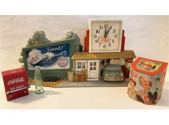 Vintage 1990 Coca Cola Clock Drive-in,  Coke Toothpick Dispenser, Canister & Glass Salt Shaker