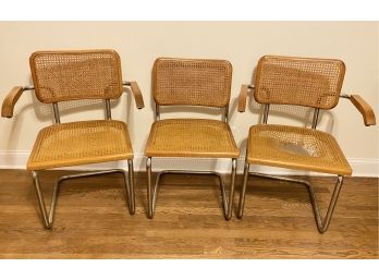 Three Vintage Caned Dining Room Chairs, Two With Armrests