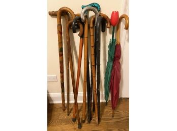 Eleven Walking Canes, Some Vintage & 2 Umbrellas