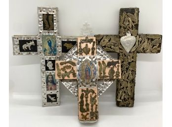 Three Handmade Rustic Collaged Crosses By Artist Armando, 1992