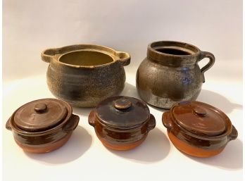 Three Covered Soup Bowls  & Three Vintage Pots, Largest From France