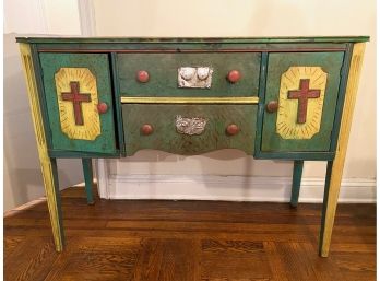 Vintage Rustic Hand Made & Painted Buffet Table With Tin Details