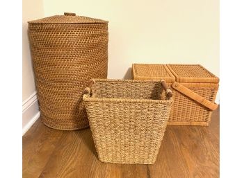 Wicker Hamper, Picnic Basket & Small Basket With Handles