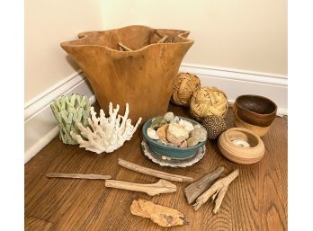 Large Wood Basket, Faux Coral From Pottery Barn, Driftwood, Decorative Balls & More