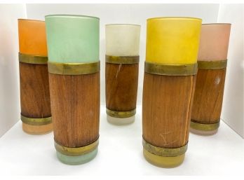 Mid Century Set Of 5 Libbey Tiki Tumbler Glasses With  Frosted Glass & Wood Veneer