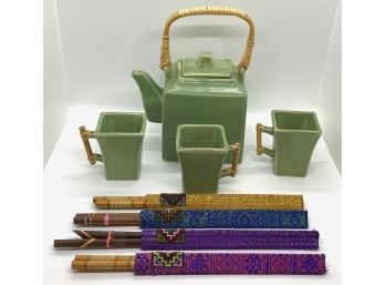 Asian Tea Set With 3 Mugs, Vietnam & Four Sets New Carved Wood Chopsticks With Covers