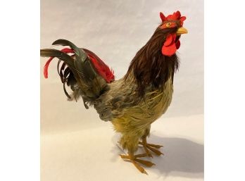 Vintage Rooster Figurine,  Life Size With Real Feathers