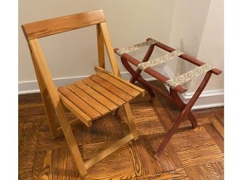 Vintage Solid Wood Folding Chair & Collapsable Luggage Rack