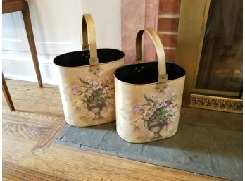Two Decorative Tin Containers With Handles