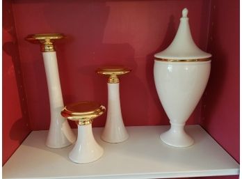 Jaru White & 18k Gold Finish Pillar Candle Stands & Vase With Lid
