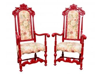 Set Of 2 Cinnabar Red Laquered Ornate Regal Putti Armchairs With Cabbage Rose Upholstery