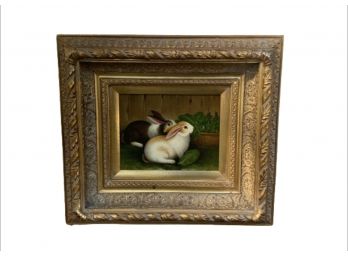 Gilt Framed Oil On Canvas Of Rabbits- Signed By Artist