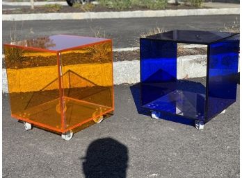 Pair Of Acrylic Blue And Orange Cube Tables On Wheels