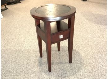 One Drawer Faux Leather Inlaid Round End Table