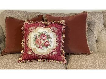 Three Pillows - One Needlepoint & Two Velvet - 18'x 18'