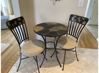 A  Stone Slate Bistro Table Top With Two Chairs Steel Frame -  Handmade In Thailand  - 24 Diameter X 30h