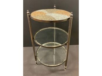 A Three Tiers  Metal Side Table With Glass Inserts - 16 Diameter X 27h