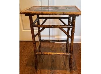 A Vintage Asian Bamboo Floral & Bird Pattern Side Table- 21'w X 15'w X 29'h