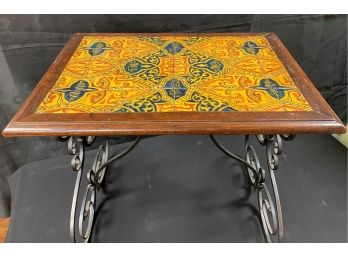 A Vintage Iron Base With Hand Decorated Tile Top Side Table - 23'x17'x19'h.