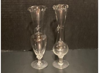 Pair Of Vintage Clear Etched Glass Footed Bud Vases Ruffle Rim