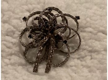 Vintage Silver Tone Braided Pin With Pronged Small Black Stones