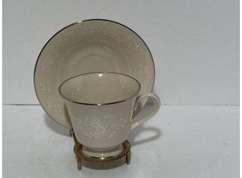 Vintage Lenox Snow Flower Teacup And Saucer Platinum Rim