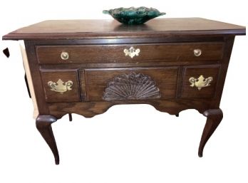 Vintage Dark Wood Coffee Table Brass Embellishments 2 Drawers Curved Legs