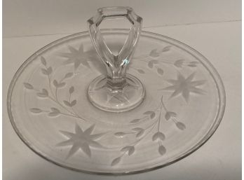 Vintage Etched Glass Serving Dish With Center Handle