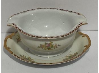 Vintage Floral Meito China Hand Painted Gravy Bowl With Attached Underplate (7 3/4 Inches In Diameter)