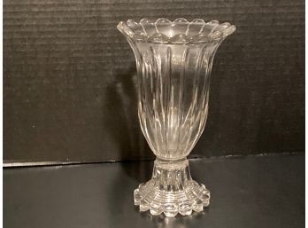 Vintage Ribbed Clear Glass Footed Vase Scalloped  Rim