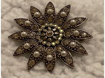 Vintage 1928 Silver Tone Flower Pin With Seed Pearls And Aurora Borealis Stones