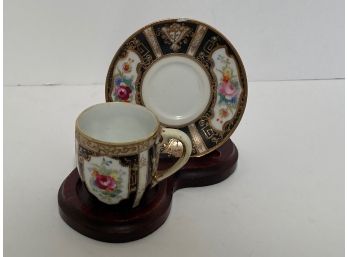 Antique  Hand Painted Cobalt Blue Demitasse And Saucer (Chip On Saucer)