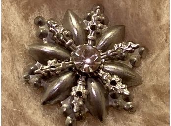 Vintage Pot Metal Round Flower Pin With Pasted Center Round Rhinestone