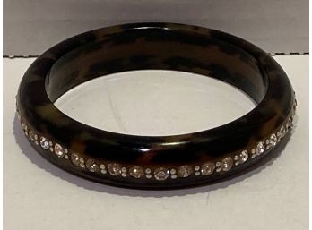 Vintage Faux  Tortoise Shell Bangle Bracelet With Rhinestones