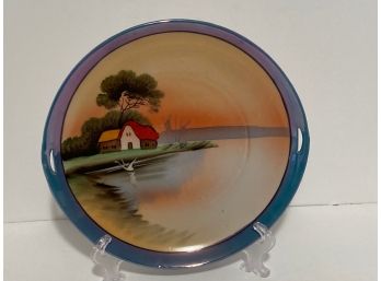 Vintage Japanese Lake Scene Blue Lustre Display Plate