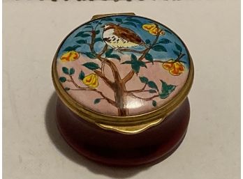 TKS Toye Kenning Spencer Birmingham English Enamel 'Partridge In Pear Tree' Hinged Trinket Box