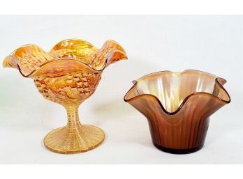 Vintage Imperial Glass Marigold Grape Motif Small Compote & Unbranded Ruffled Edge Small Bowl