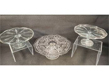 Trio Of Vintage & Antique Clear Pressed Glass Pedestal Cake Plates